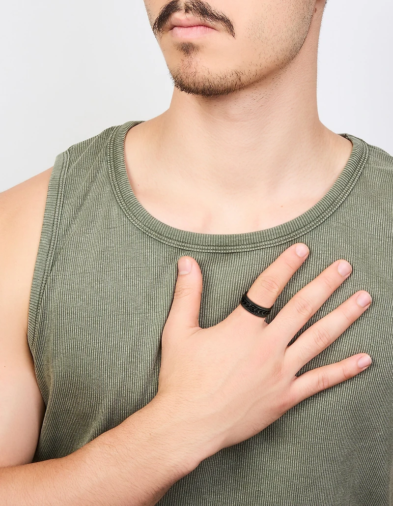 Mens Waterproof Black Coated Stainless Steel Chain Detail Band Ring