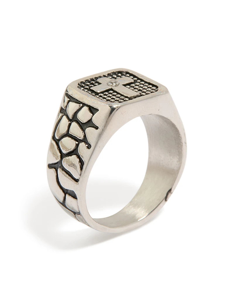 Mens Waterproof Stainless Steel Black Etched Cubic Zirconia Cross Signet Ring