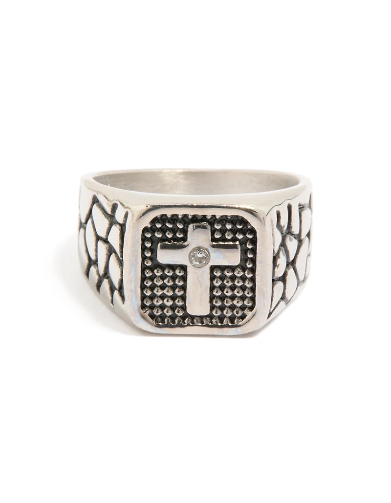 Mens Waterproof Stainless Steel Black Etched Cubic Zirconia Cross Signet Ring