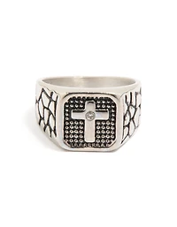 Mens Waterproof Stainless Steel Black Etched Cubic Zirconia Cross Signet Ring