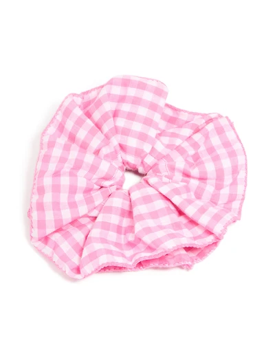Pink & White Gingham Fabric Ruffled Scrunchie