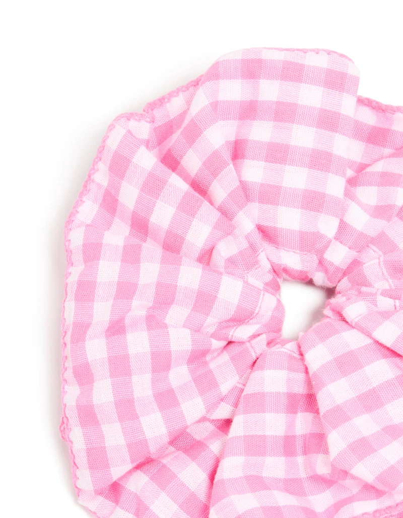 Pink & White Gingham Fabric Ruffled Scrunchie
