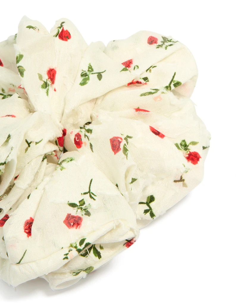 Cream Printed Roses Fabric Statement Scrunchie