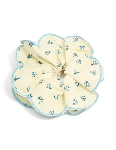 Cream Blue Daisy Printed Fabric Ruffled Scrunchie