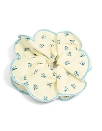 Cream Blue Daisy Printed Fabric Ruffled Scrunchie