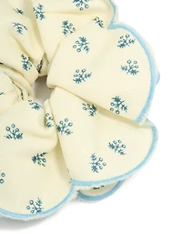 Cream Blue Daisy Printed Fabric Ruffled Scrunchie