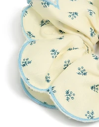 Cream Blue Daisy Printed Fabric Ruffled Scrunchie