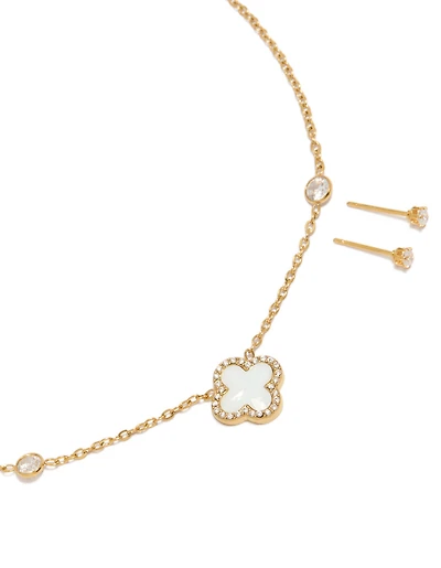 Waterproof Gold Plated Stainless Steel Flower Outline Necklace & Earrings Set