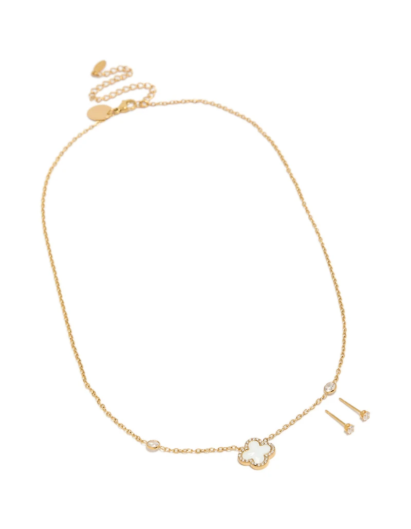 Ensemble collier et boucles d'oreilles en acier inoxydable plaqué or étanche, motif floral