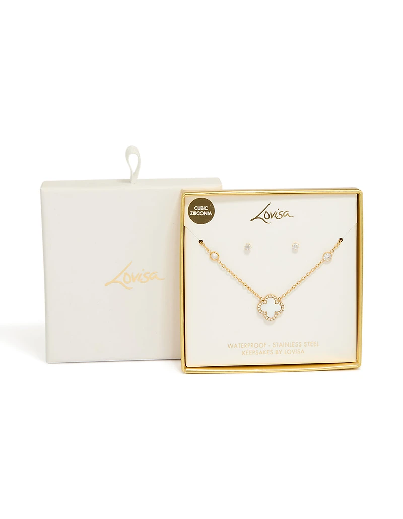 Waterproof Gold Plated Stainless Steel Flower Outline Necklace & Earrings Set