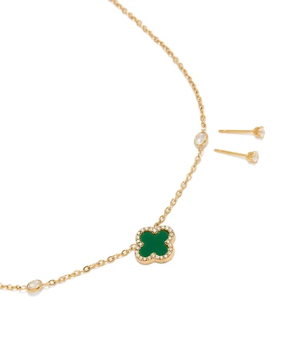 Waterproof Gold Plated Stainless Steel Green Flower Cubic Zirconia Ourline Necklace & Earrings Set