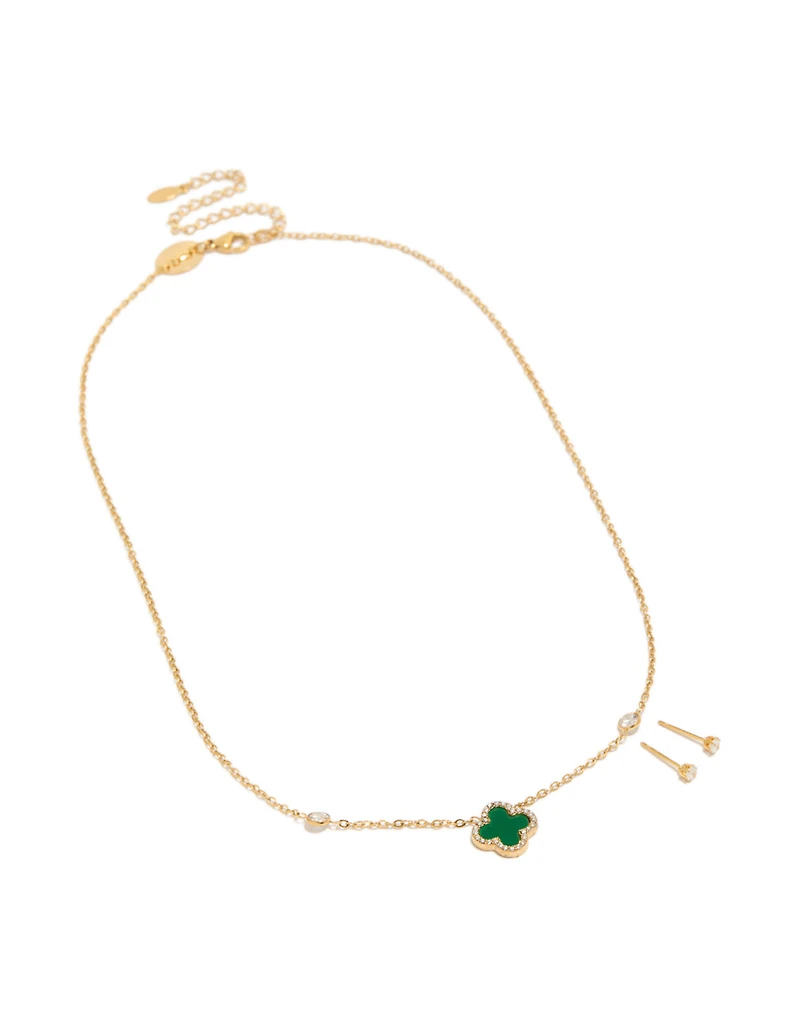 Waterproof Gold Plated Stainless Steel Green Flower Cubic Zirconia Ourline Necklace & Earrings Set