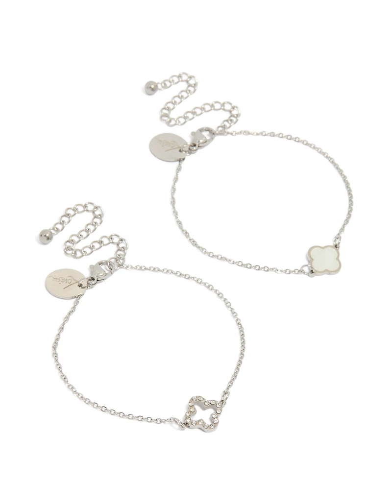 Bracelet solitaire en acier inoxydable étanche avec zircon cubique et breloque fleur (lot de 2)