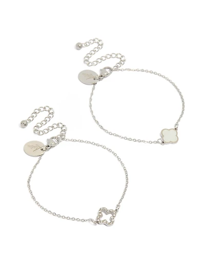 Bracelet solitaire en acier inoxydable étanche avec zircon cubique et breloque fleur (lot de 2)