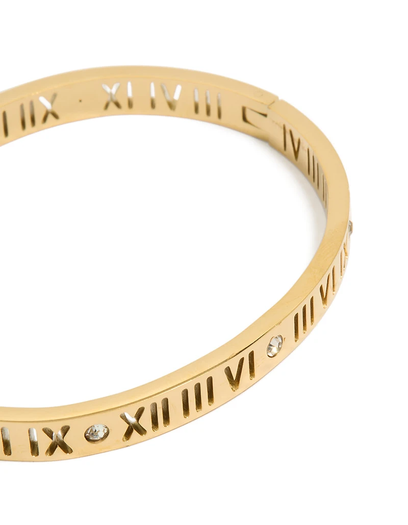 Waterproof Gold Plated Stainless Steel Cubic Zirconia Roman Numeral Hinged Bangle