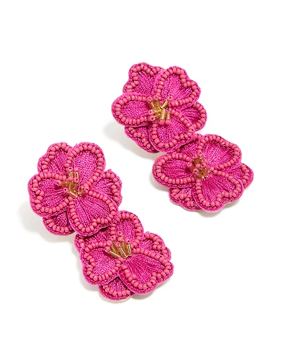 Hot Pink Fabric Beaded Double Flower Drop Earrings