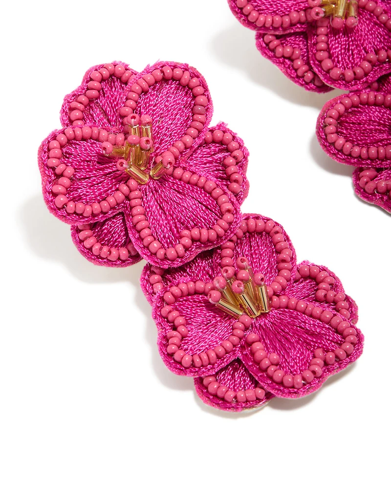 Hot Pink Fabric Beaded Double Flower Drop Earrings