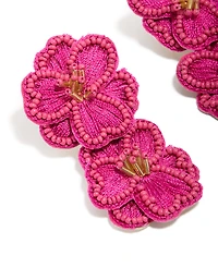 Hot Pink Fabric Beaded Double Flower Drop Earrings