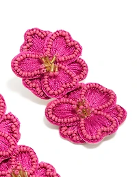 Hot Pink Fabric Beaded Double Flower Drop Earrings