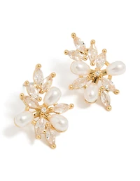 Gold Plated Cubic Zirconia Organic Flower & Pearl Earrings