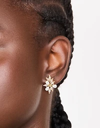 Gold Plated Cubic Zirconia Organic Flower & Pearl Earrings