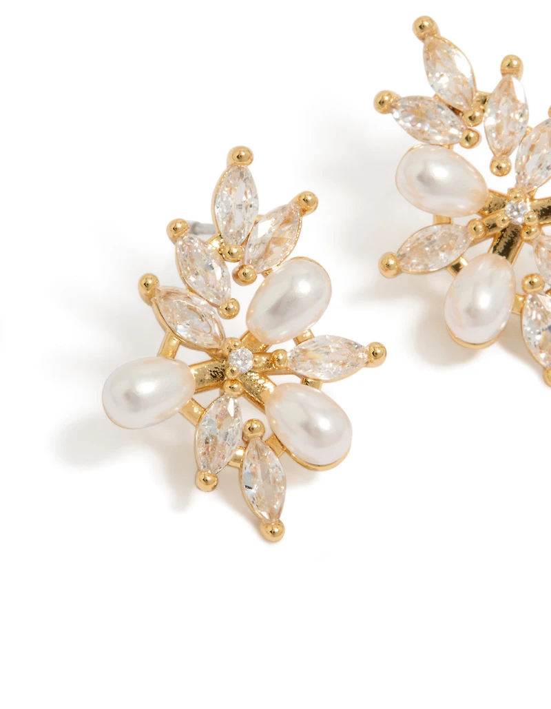 Gold Plated Cubic Zirconia Organic Flower & Pearl Earrings