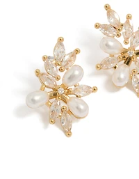 Gold Plated Cubic Zirconia Organic Flower & Pearl Earrings