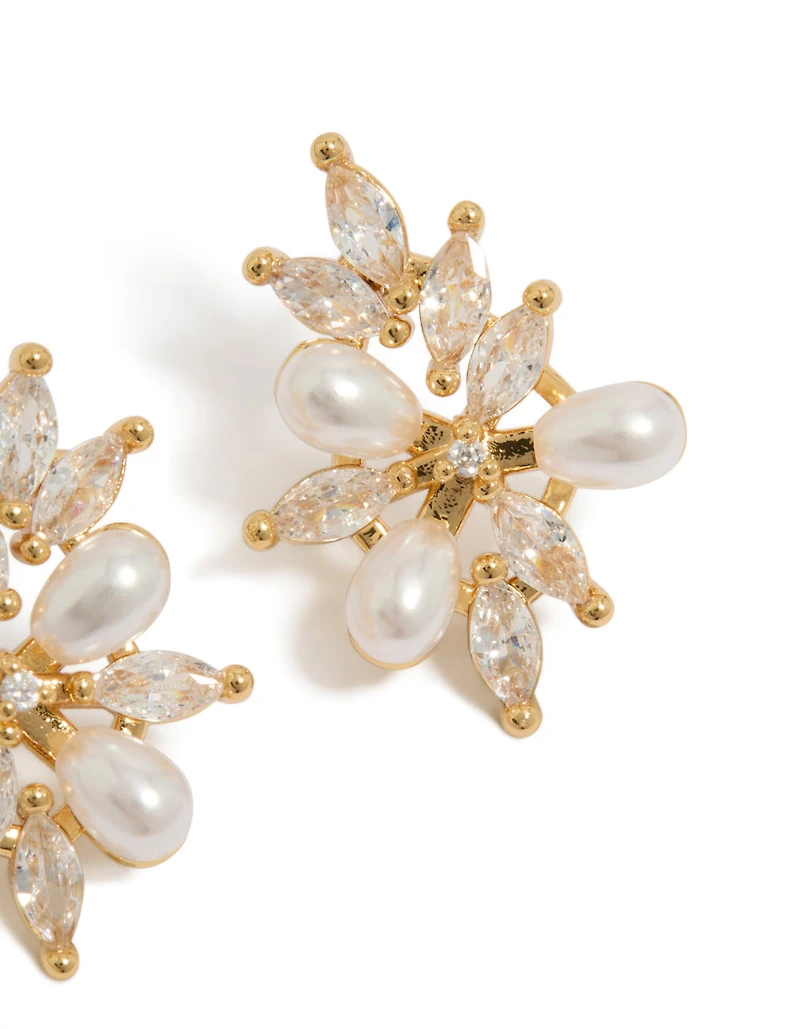 Gold Plated Cubic Zirconia Organic Flower & Pearl Earrings