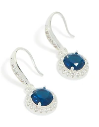 Silver Plated Sapphire Blue Cubic Zirconia Halo Drop Earrings