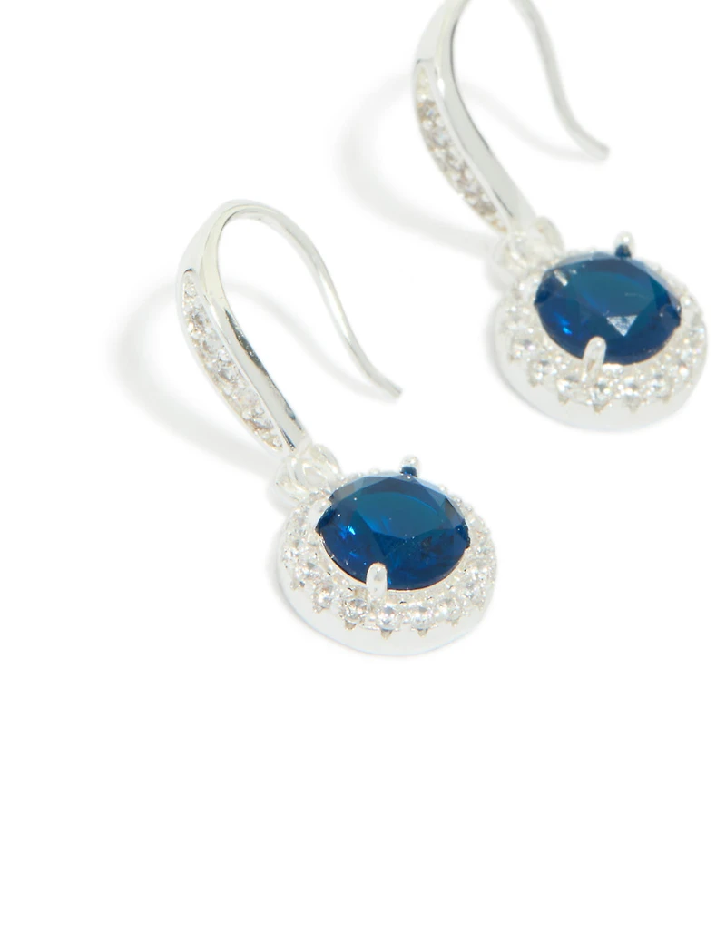 Silver Plated Sapphire Blue Cubic Zirconia Halo Drop Earrings
