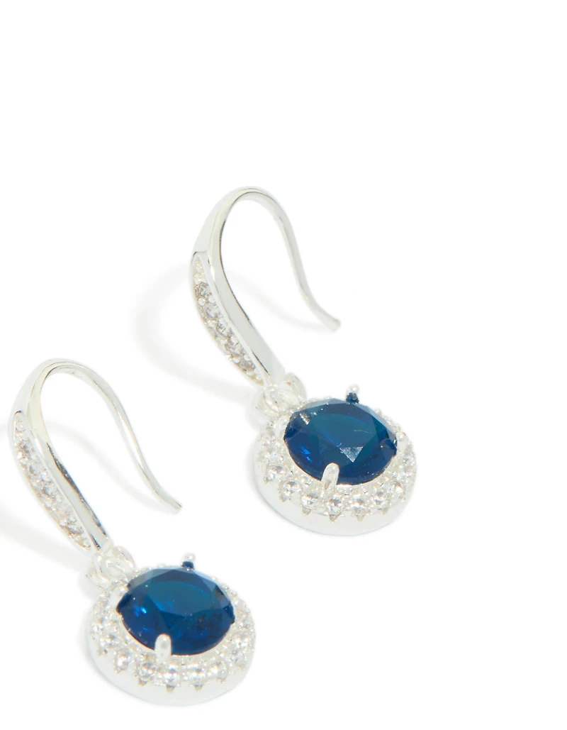 Silver Plated Sapphire Blue Cubic Zirconia Halo Drop Earrings