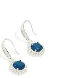 Silver Plated Sapphire Blue Cubic Zirconia Halo Drop Earrings