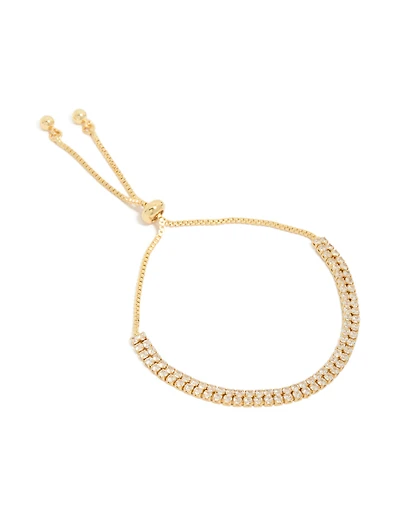 Gold Plated Thin Double Cubic Zirconia Tennis Toggle Bracelet