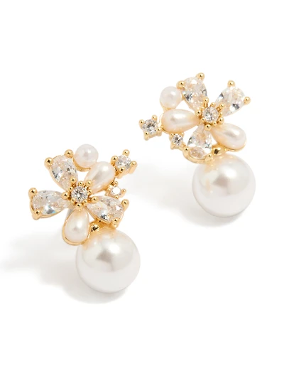 Gold Plated Cubic Zirconia Laurel & Pearl Flower Hoop Earrings