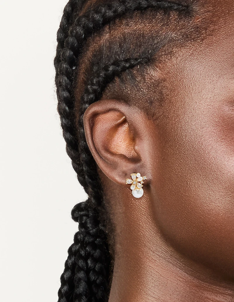 Gold Plated Cubic Zirconia Laurel & Pearl Flower Hoop Earrings