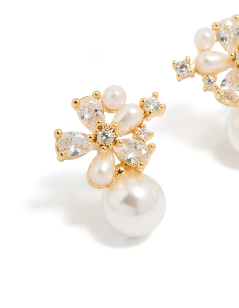 Gold Plated Cubic Zirconia Laurel & Pearl Flower Hoop Earrings