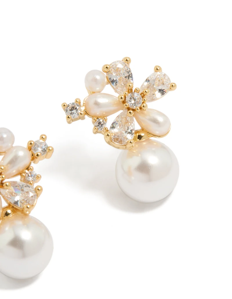 Gold Plated Cubic Zirconia Laurel & Pearl Flower Hoop Earrings