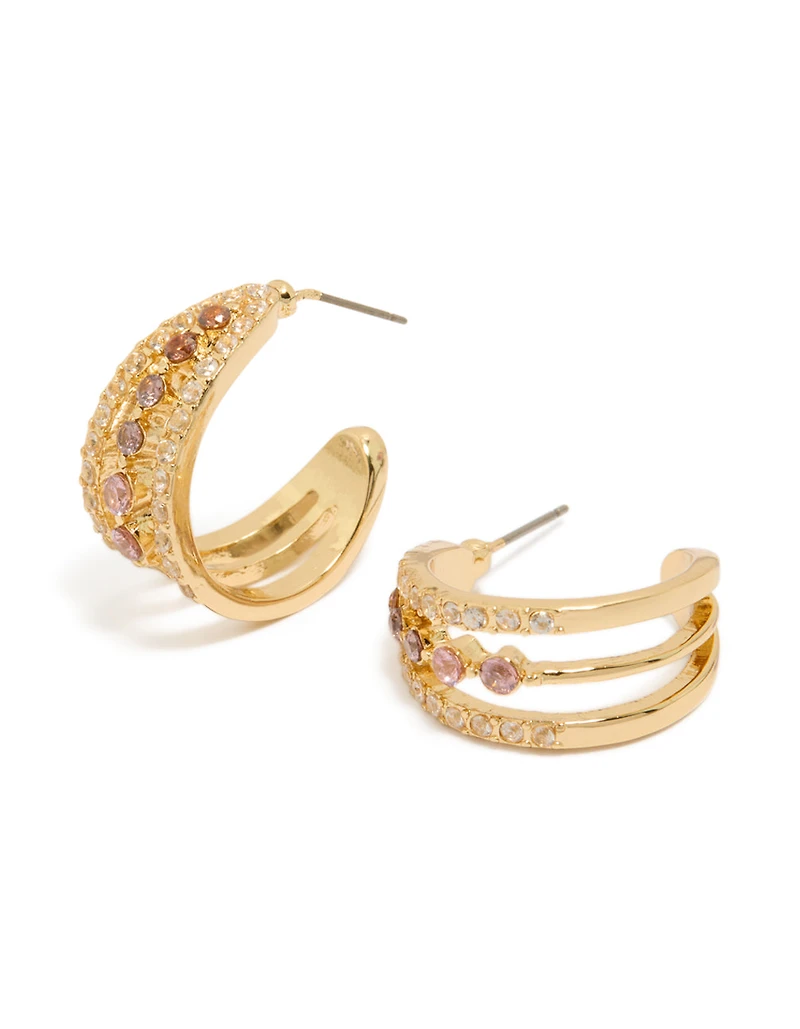 Gold Plated Cubic Zirconia Triple Hoop Medium Earrings
