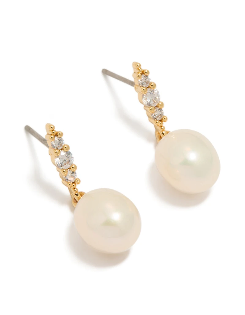 Gold Plated Cubic Zirconia & Freshwater Pearl Drop Earrings