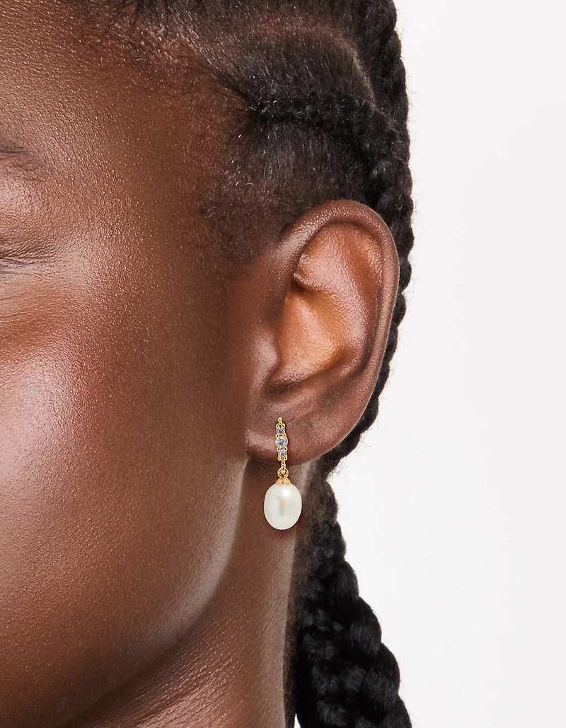 Gold Plated Cubic Zirconia & Freshwater Pearl Drop Earrings