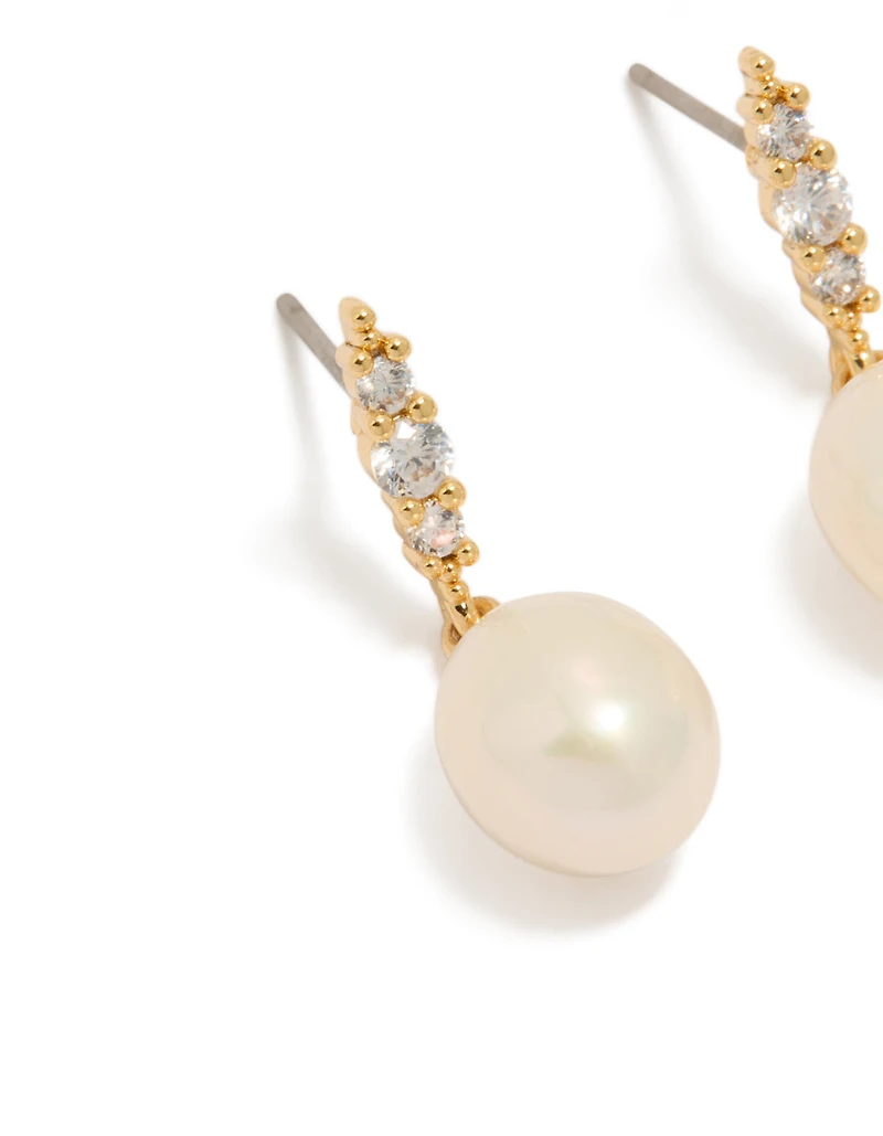 Gold Plated Cubic Zirconia & Freshwater Pearl Drop Earrings