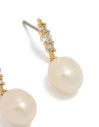 Gold Plated Cubic Zirconia & Freshwater Pearl Drop Earrings
