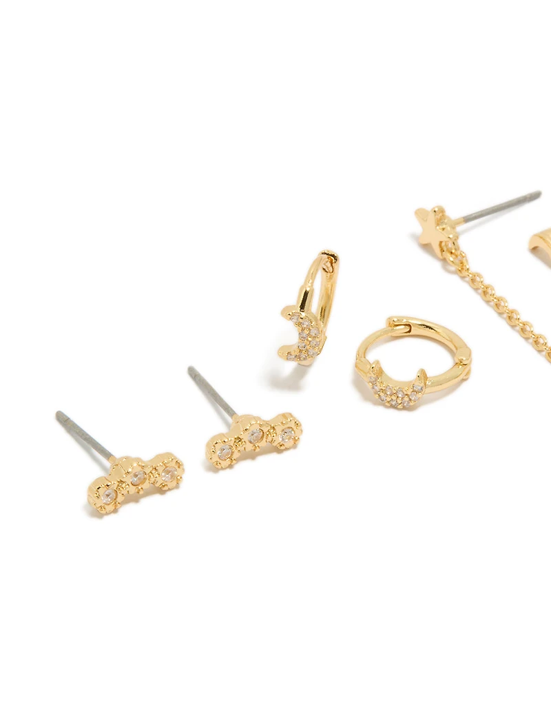 Gold Plated Cubic Zirconia Celestial Moon Earrings 4-Pack