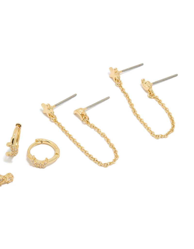 Gold Plated Cubic Zirconia Celestial Moon Earrings 4-Pack