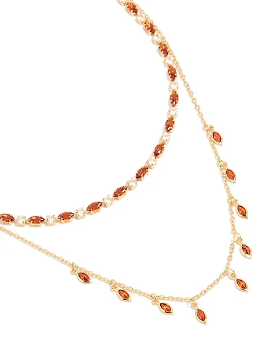 Gold Plated Red Cubic Zirconia Tennis & Teardrop Charms Layered Necklace