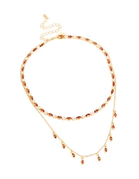 Gold Plated Red Cubic Zirconia Tennis & Teardrop Charms Layered Necklace