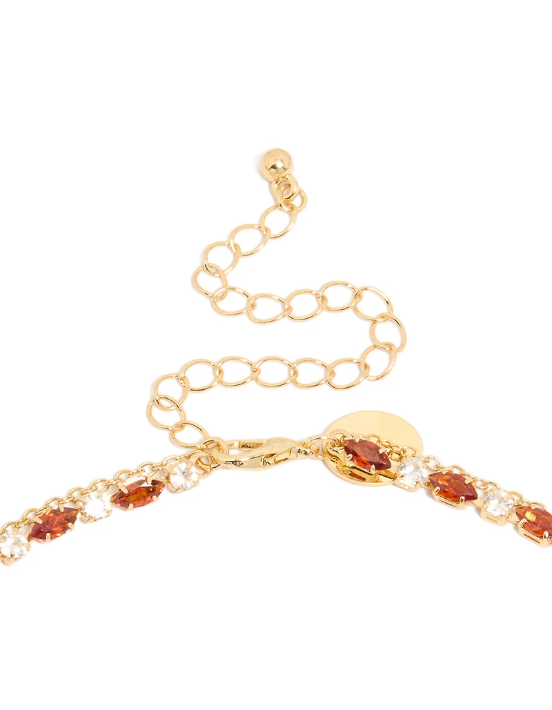 Gold Plated Red Cubic Zirconia Tennis & Teardrop Charms Layered Necklace
