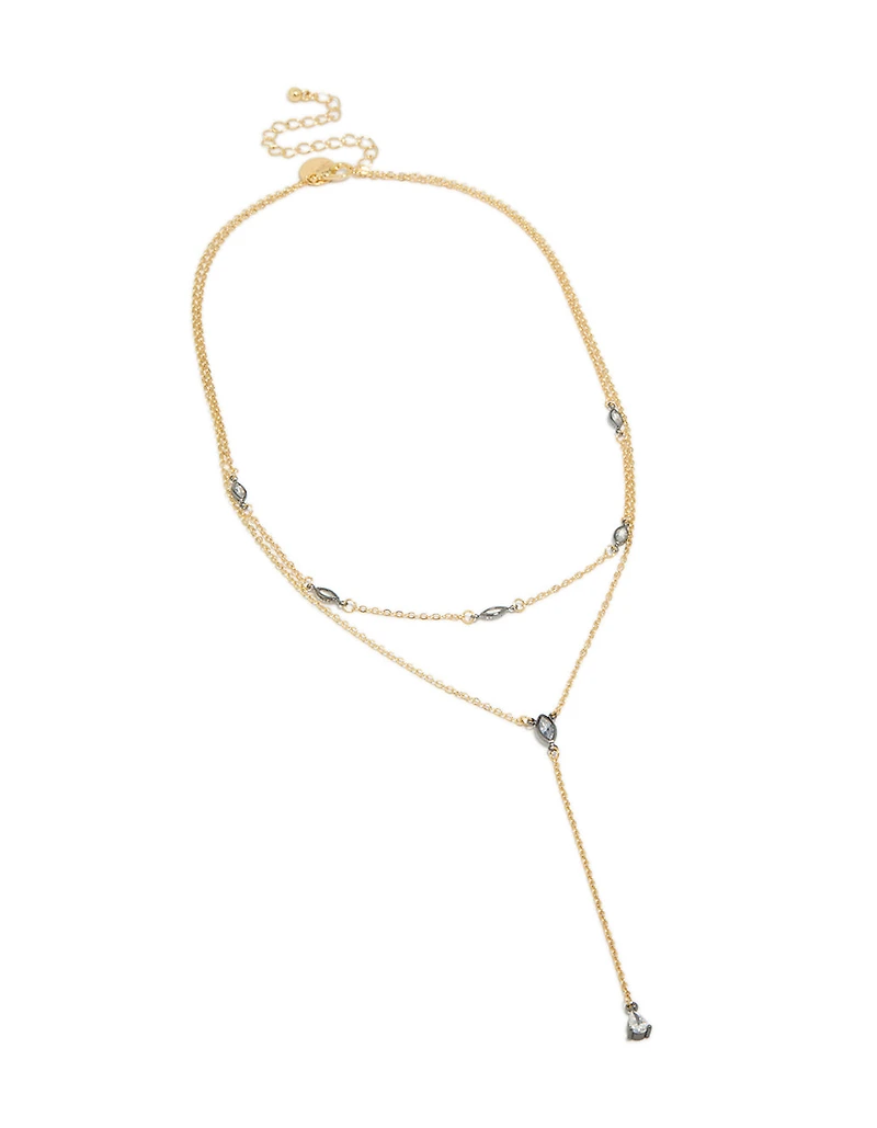 Mixed Metal Teardrop Diamante  Drop Y-Necklace