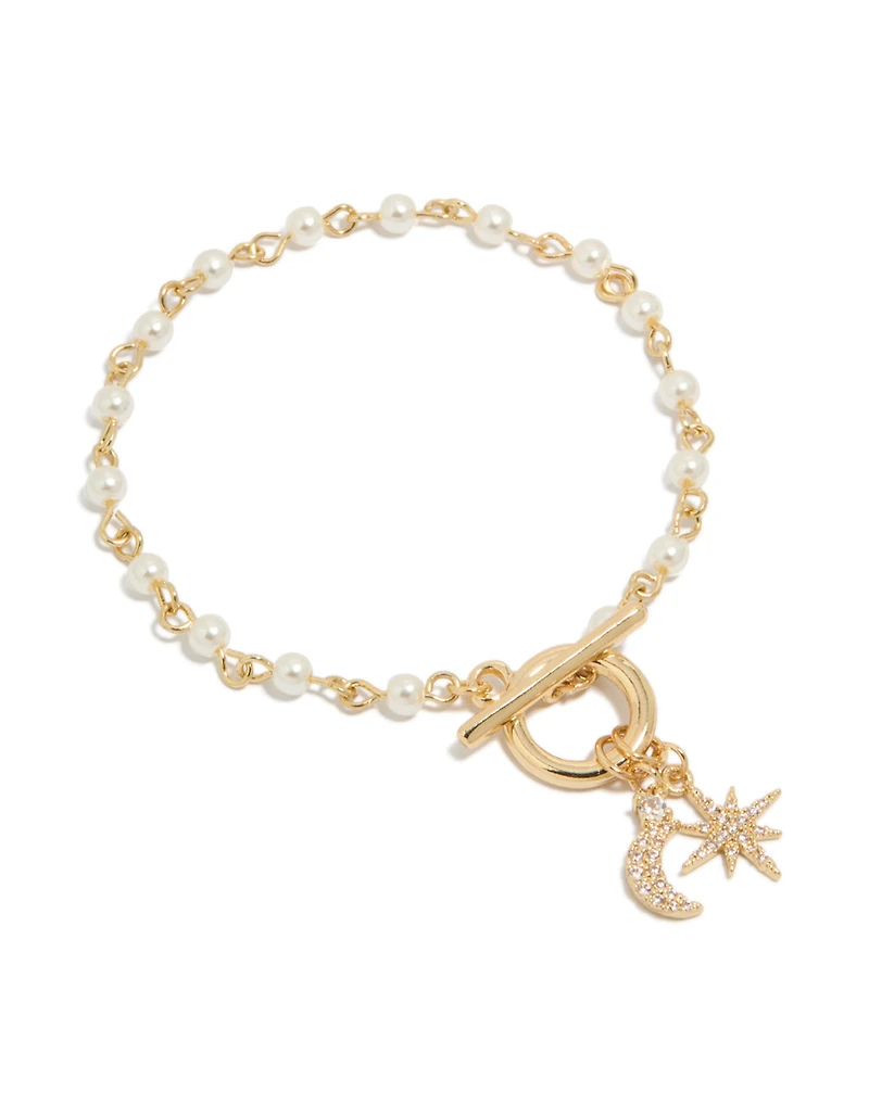 Gold Plated Pearl & Cubic Zirconia Star Moon Fob Bracelet
