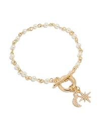 Gold Plated Pearl & Cubic Zirconia Star Moon Fob Bracelet